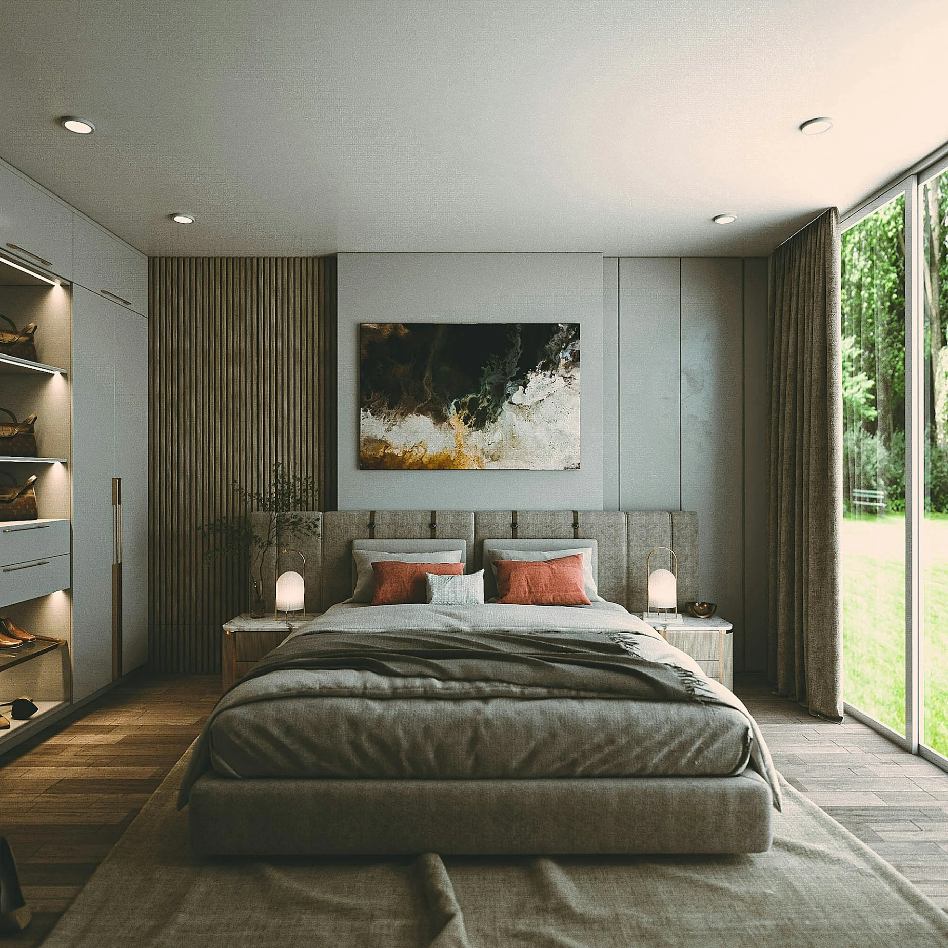 a bedroom with a large bed and a painting on the wall